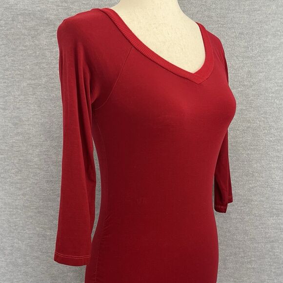 Michael Stars Ruched Bodycon Dress Size S 3/4 Sleeve VNeck Mini Stretch Deep Red - Picture 6 of 12